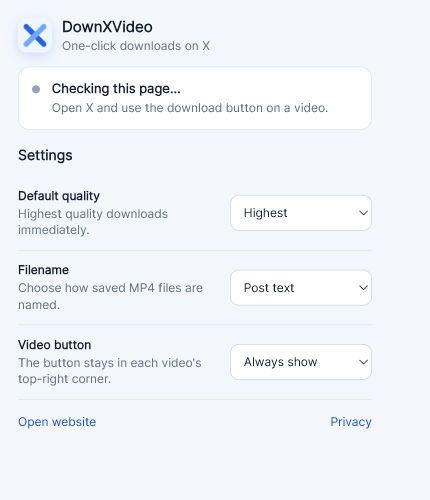 ページの状態、既定の画質、ファイル名、動画ボタンの設定を表示する DownXVideo のポップアップ