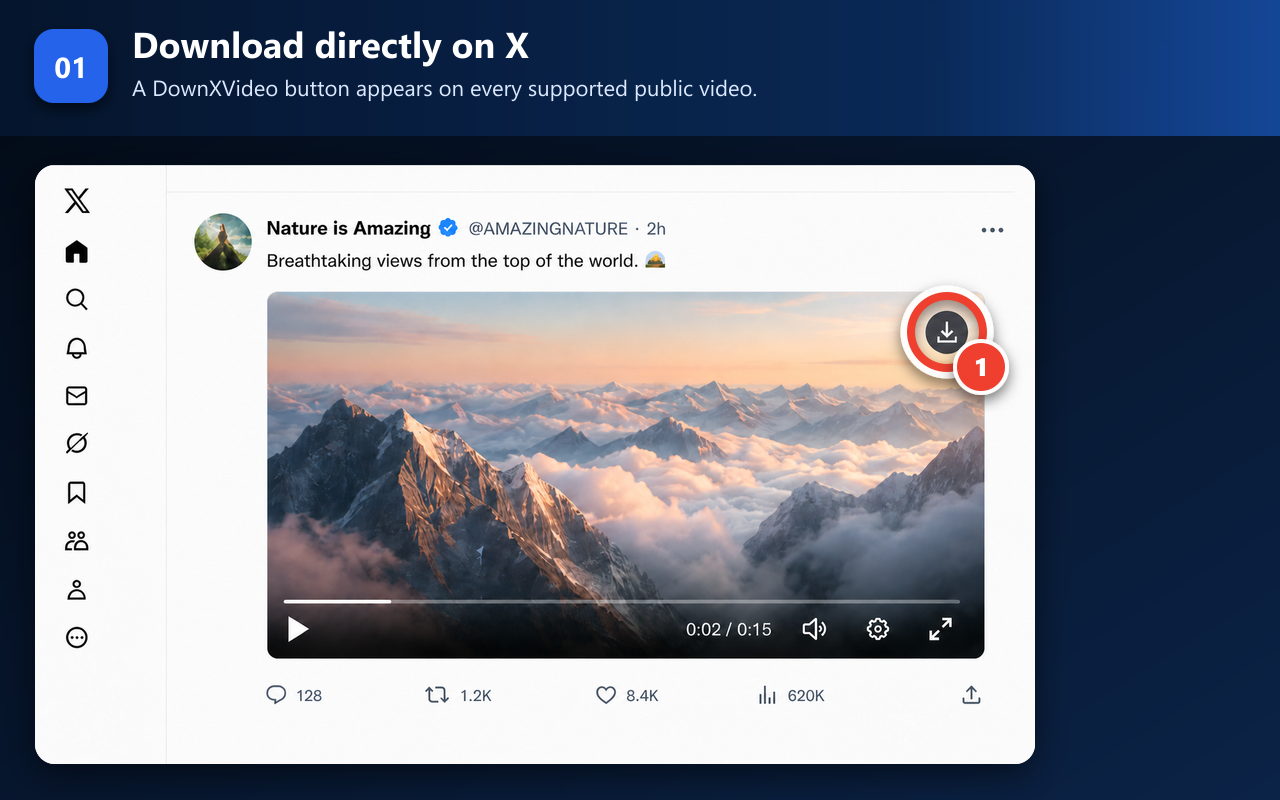 Un video pubblico di X con il pulsante circolare di download DownXVideo nell'angolo in alto a destra