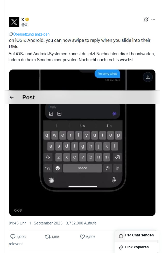 Die Benutzeroberfläche nach dem Öffnen des Teilen-Menüs eines öffentlichen Beitrags auf X, wobei die Option „Link kopieren“ deutlich sichtbar ist.