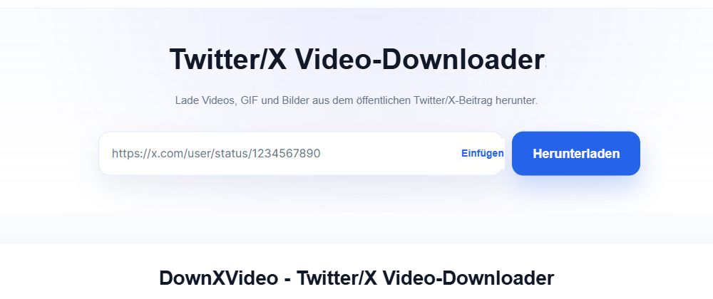 DownXVideo Das Eingabefeld für Links, die Einfügen-Schaltfläche und die blaue Download-Schaltfläche auf der Sprach-Startseite des Artikels.