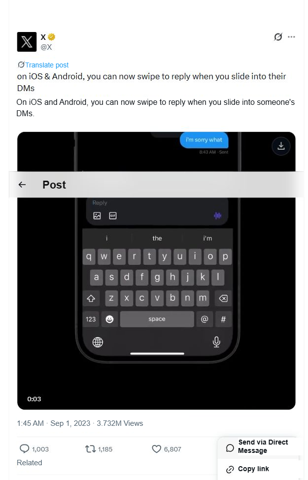 The share menu of a public X post with the Copy link option visible.