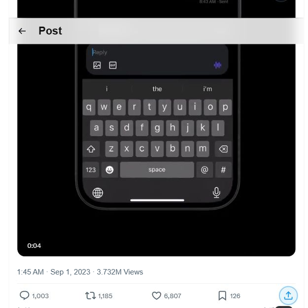 A public X video post with the Reply, Repost, Like, Bookmark, and Share actions beneath it; Share is on the far right.