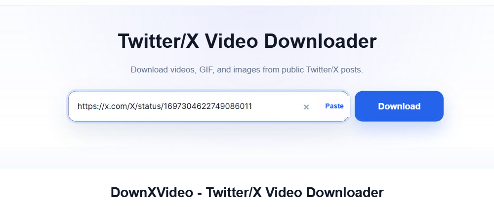 A public X post link entered in DownXVideo, with the blue Download button on the right.