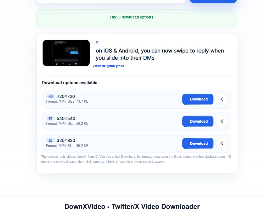 DownXVideo showing a post preview and three MP4 download options with resolution, file size, and a Download button.