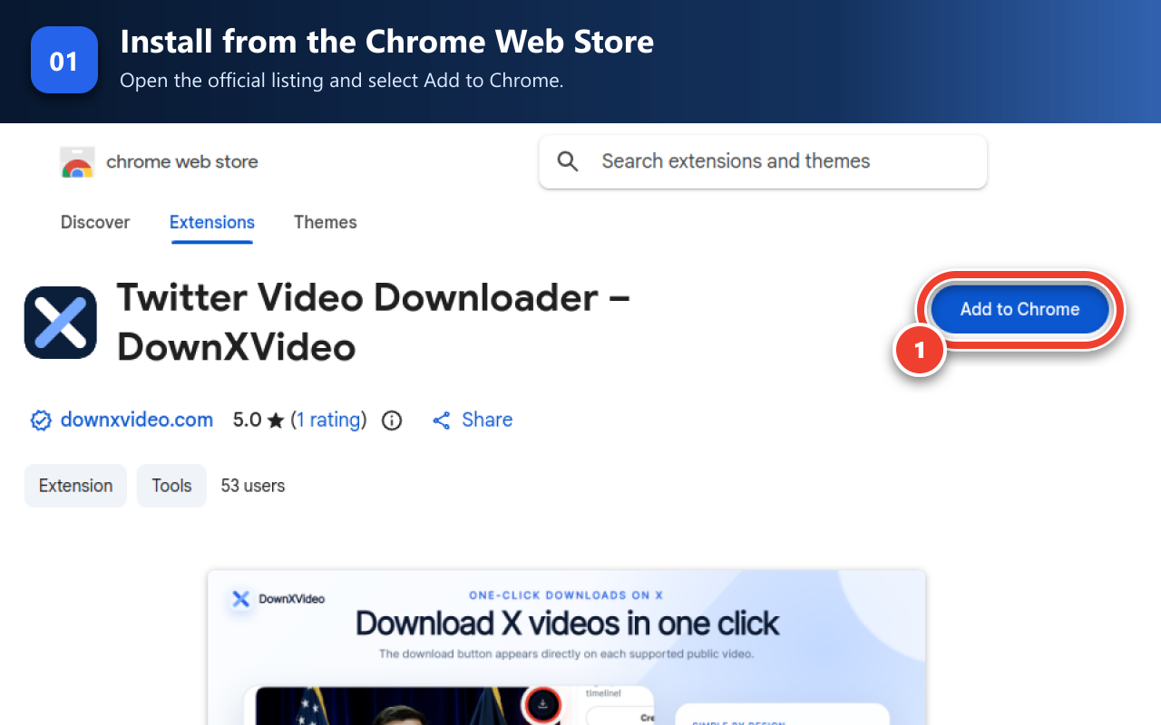 The official DownXVideo listing in the Chrome Web Store with the Add to Chrome button clearly marked.