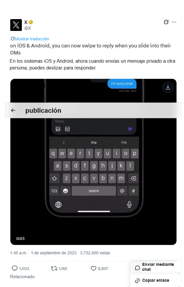 Interfaz después de desplegar el menú de compartir en una publicación pública de X, donde la opción 'Copiar enlace' es claramente visible.