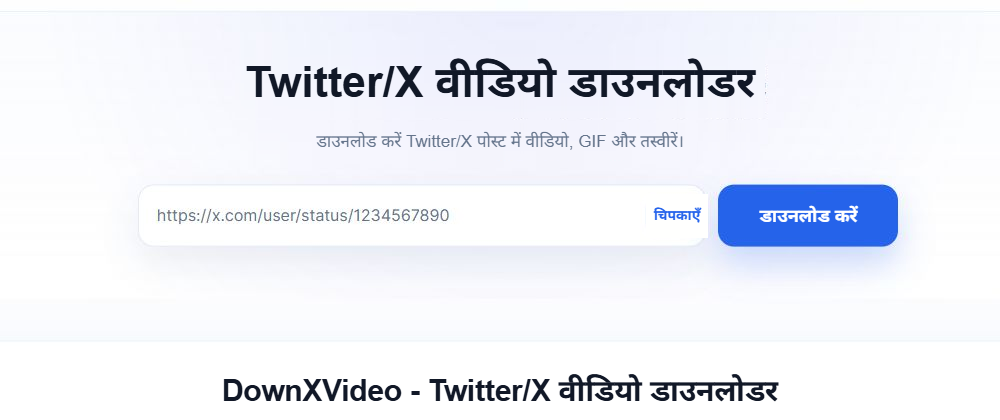 DownXVideo इस लेख की भाषा होमपेज के लिंक इनपुट बॉक्स, पेस्ट बटन और नीला डाउनलोड बटन।