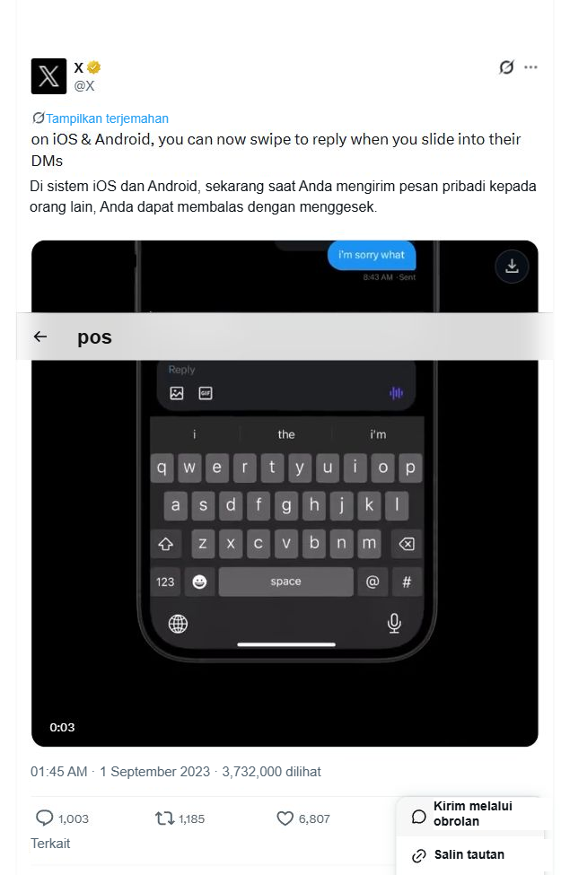 Layar yang muncul setelah membuka menu berbagi di posting publik X, di mana opsi 'Salin Tautan' terlihat jelas.