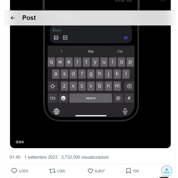Apri la barra delle operazioni sotto il post del video X per risposte, repost, mi piace, preferiti e condivisione, con l'icona di condivisione situata all'estrema destra.