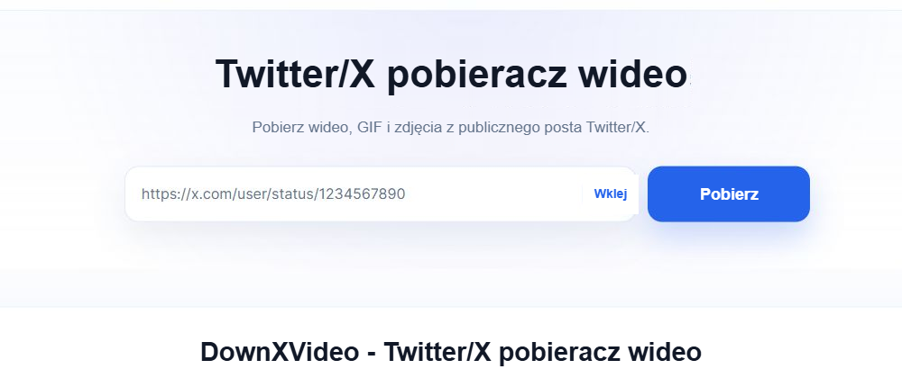 DownXVideo Pole wprowadzania linku, przycisk wklejania i niebieski przycisk pobierania na stronie głównej języka artykułu.