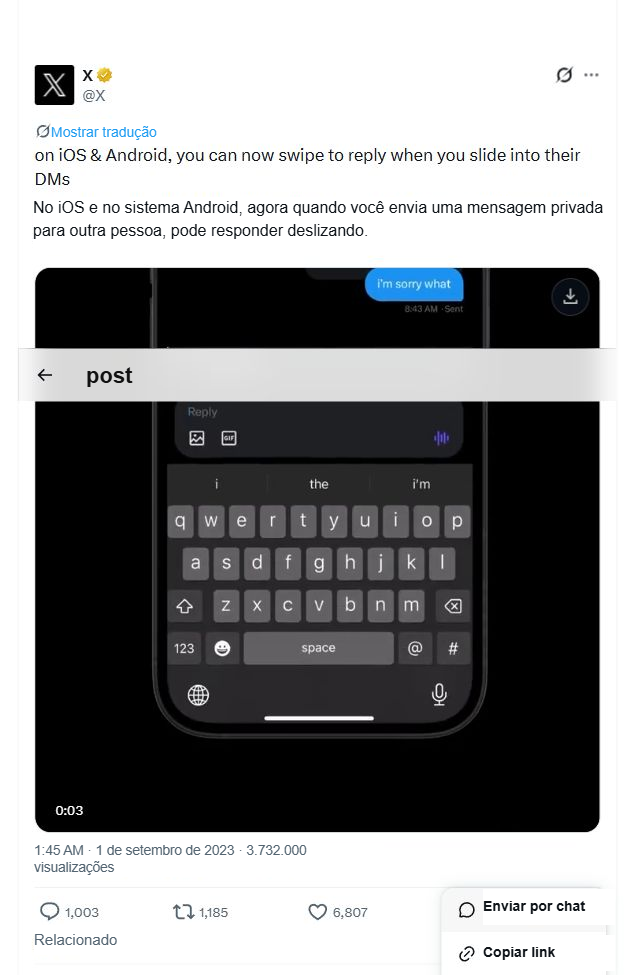Interface após abrir o menu de compartilhamento de um post público no X, onde a opção 'Copiar link' está claramente visível.