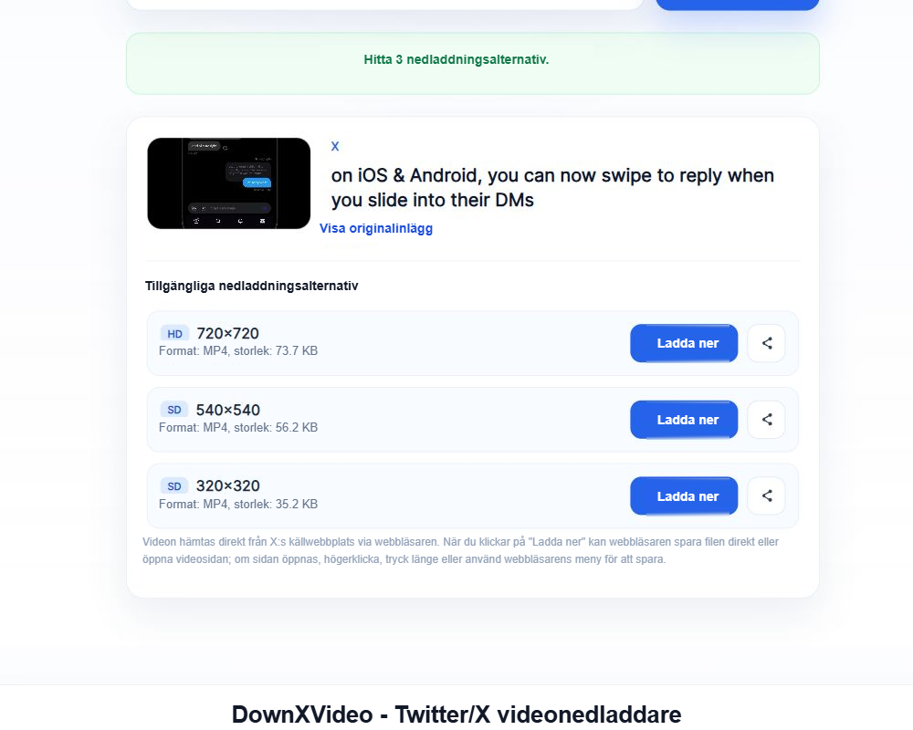 DownXVideo visar ett inläggsförhandsgranskning och tre MP4 nedladdningsalternativ, varje alternativ innehåller upplösning, filstorlek och nedladdningsknapp.